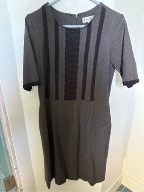 Nanette Lepore Short-Sleeve Gray Sheath Dress with Black Lace Trim